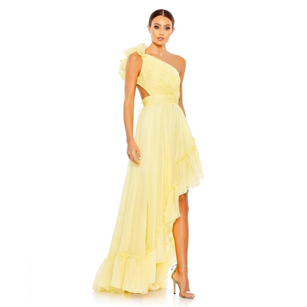 Mac Duggal Ruffled One Shoulder Asymmetrical Gown in Yellow  Size 12